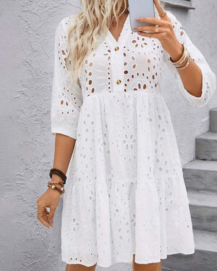 Hollow Out V-Neck Solid Color Ruffle Dress