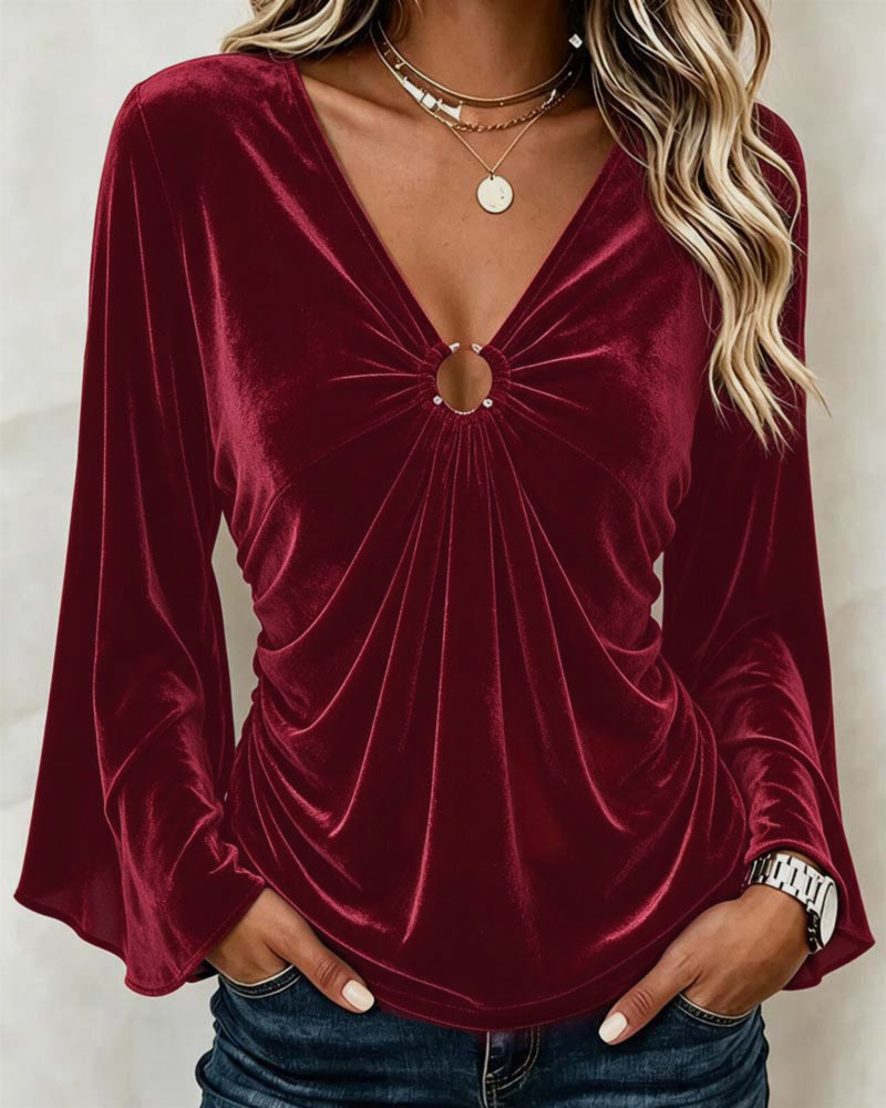Velvet V-Neck O-Ring Twist Bell Sleeve Blouse