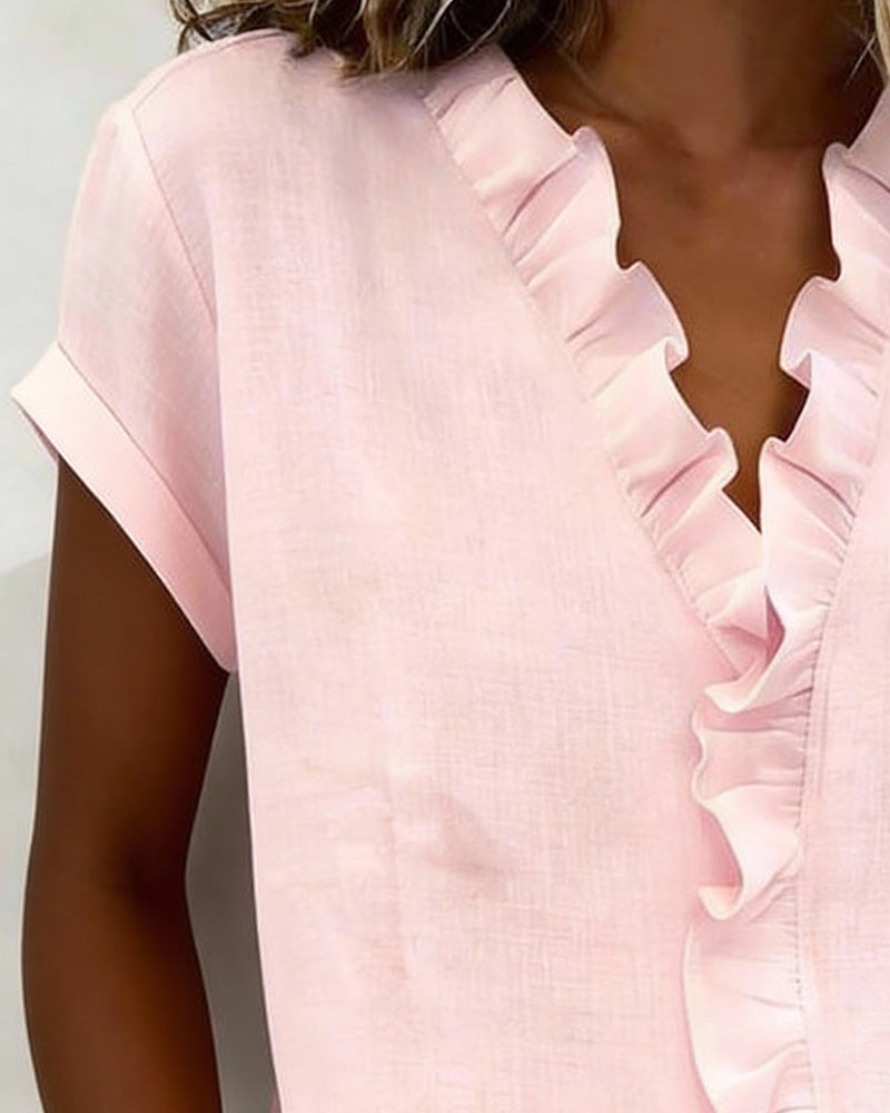 Pure Cotton Short-Sleeved Blouse With Ruffled Collar