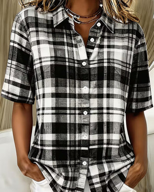 Lapel Checkered Short Sleeve Casual Shirt