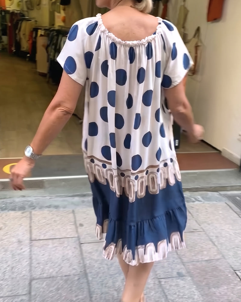 Square Neck Large Polka Dot Ruffle Contrast Dress