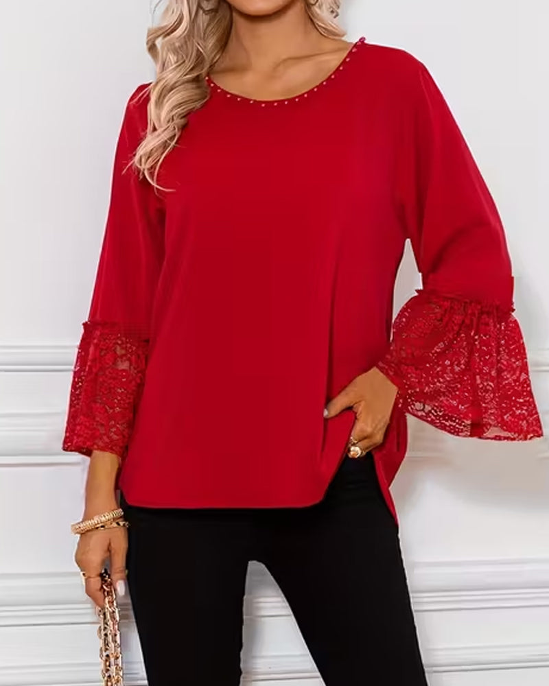 Lace Bell Sleeve Crew Neck Blouse