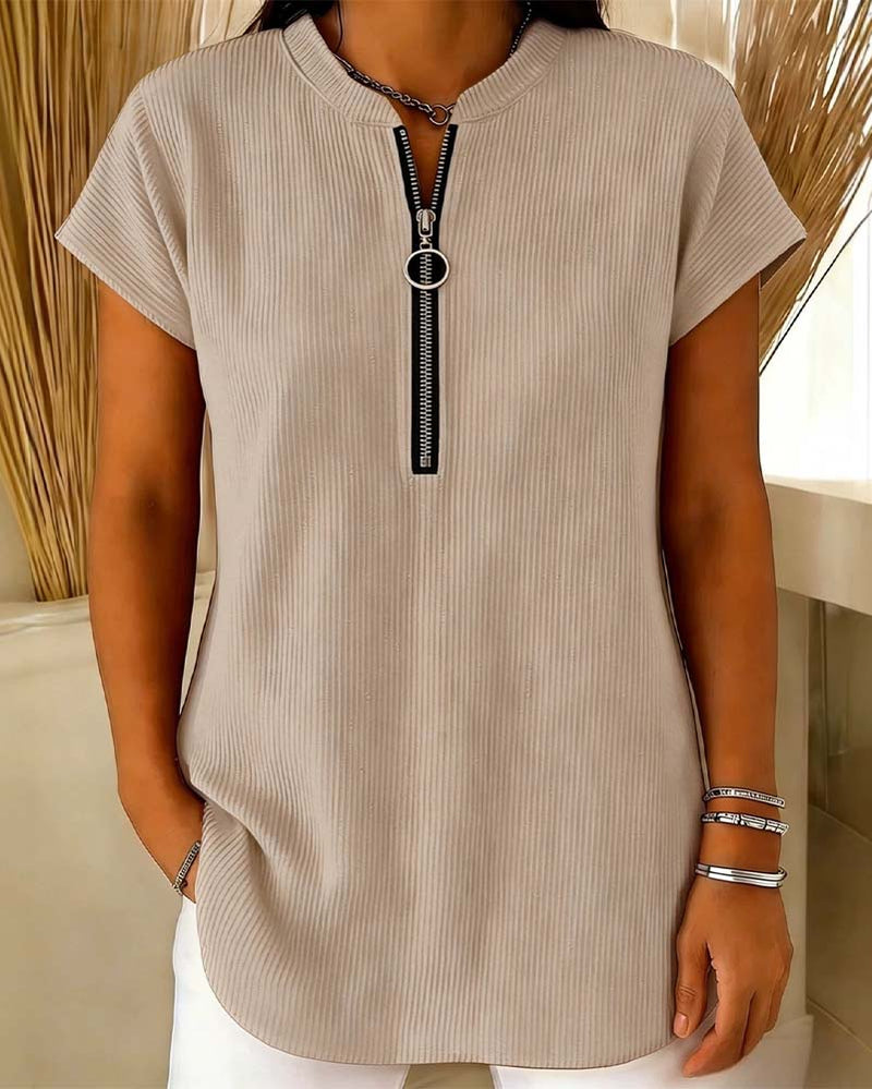 Solid Short Sleeve Zip Blouse