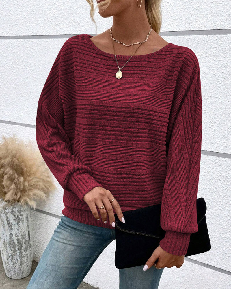 Solid Color Round Neck Long Sleeve Striped Top