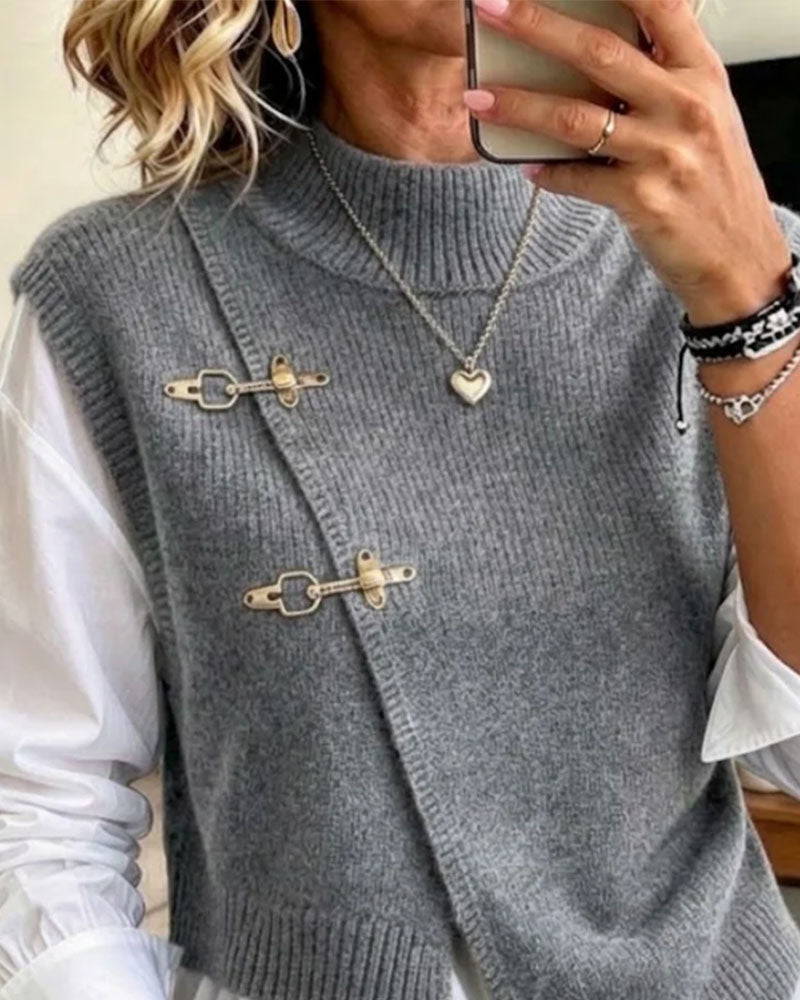 Half Turtleneck Diagonal Buttoned pullover Vest Set