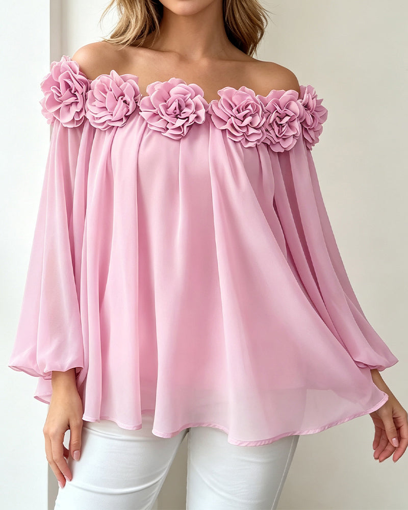 Off-Shoulder Rosette  Flared Top