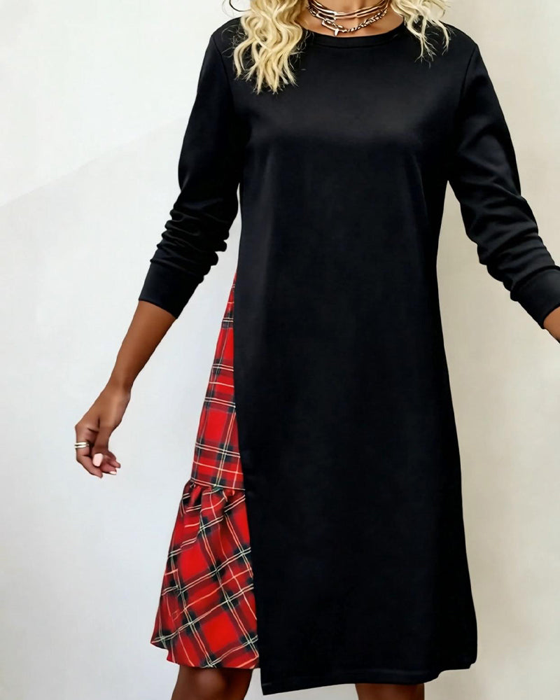 Long-Sleeved Plaid Patchwork Dress