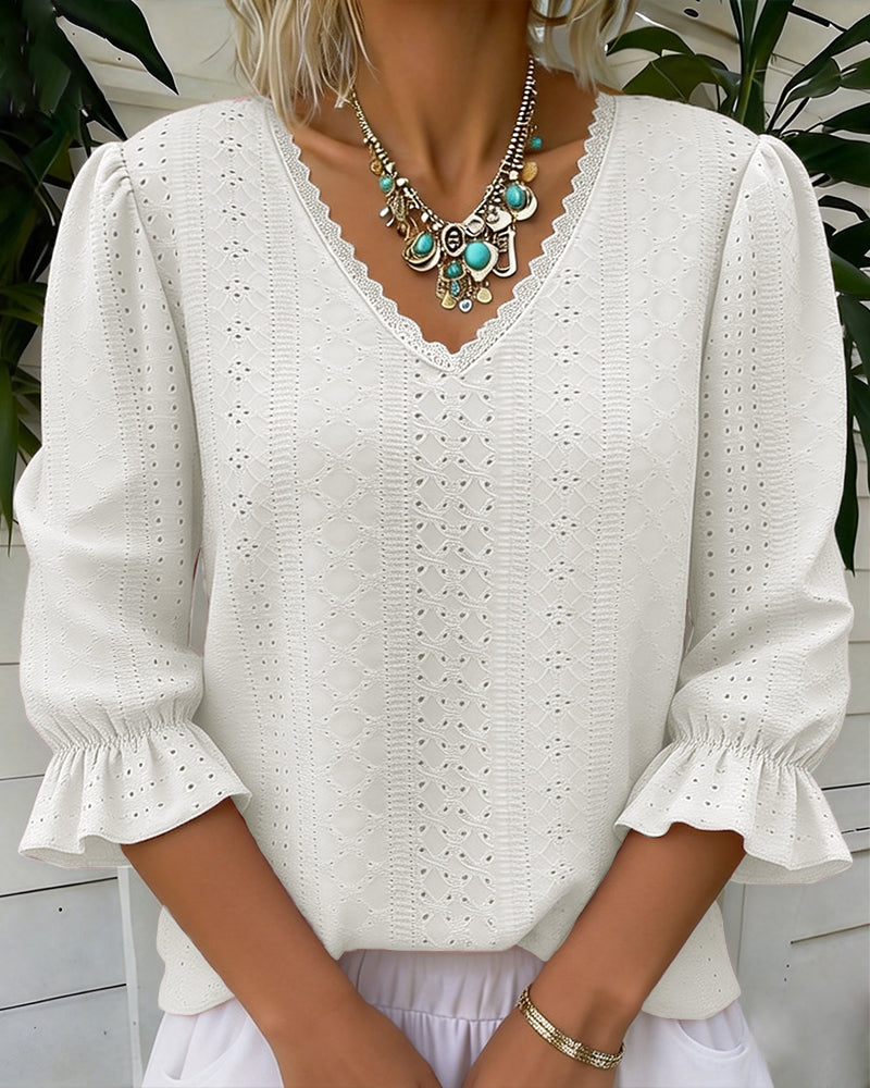 Elegant V-Neck Lace Cut-Out T-Shirt