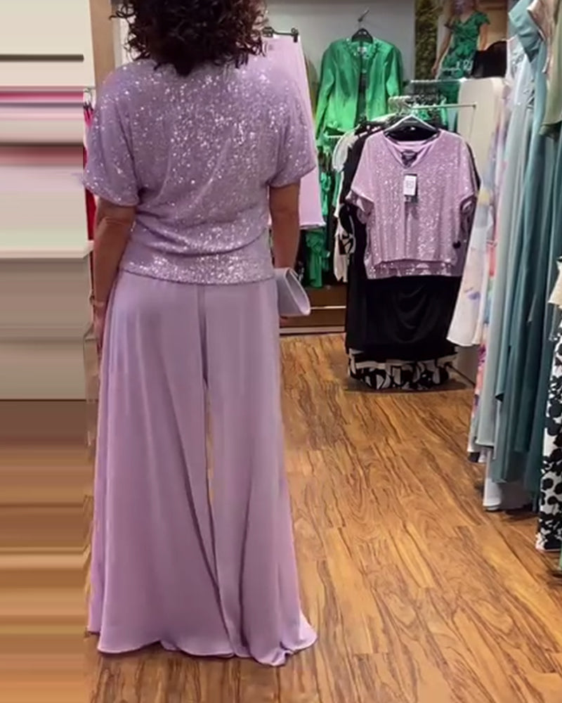 V-neck short-sleeved loose sequined blouse