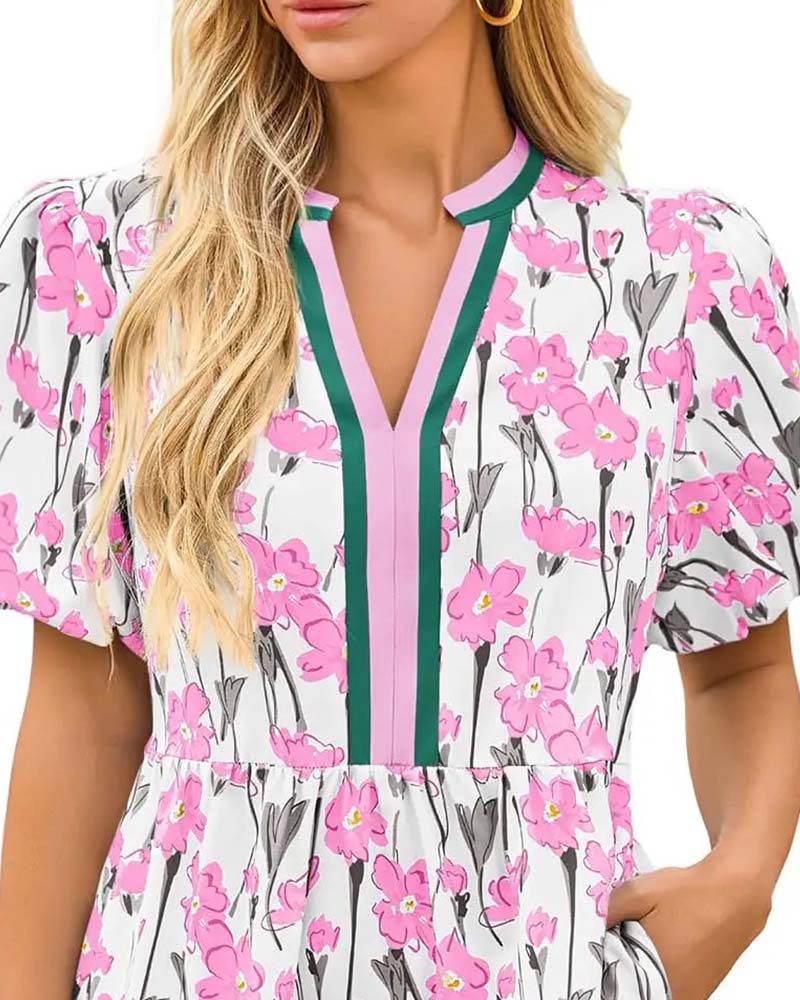 V-Neck Floral Bubble Sleeve Patchwork Dress