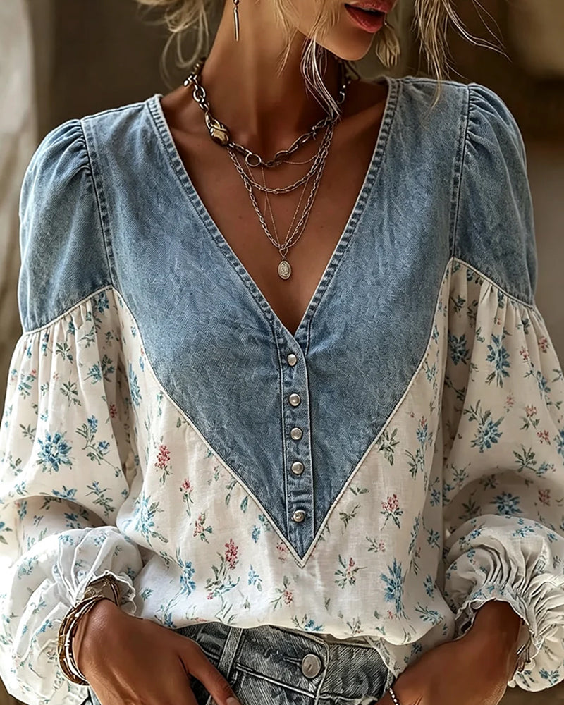 V-Neck Floral Print Puff Sleeve Denim Panel Blouse