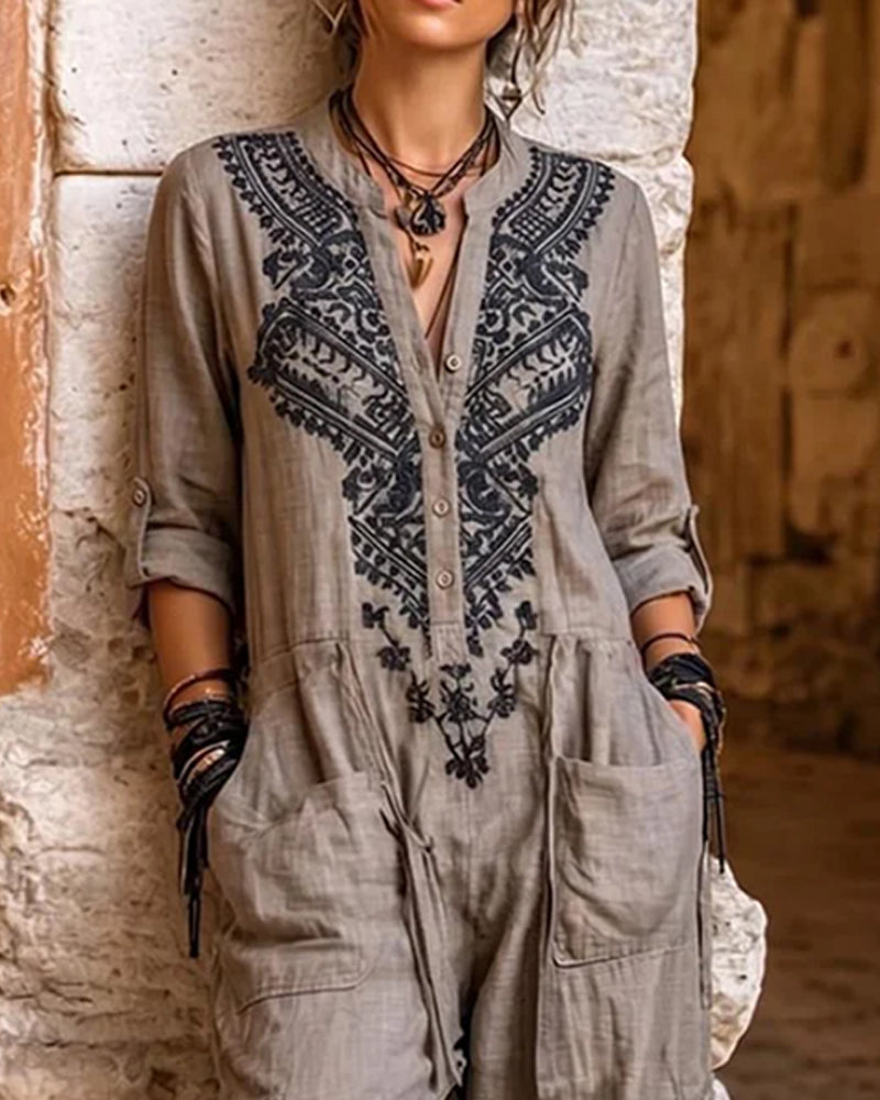 Printed Tapered-Leg Cargo Jumpsuit