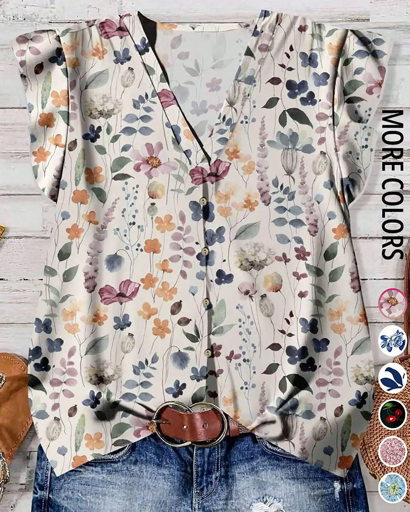 V-Neck Printed Ruffle Sleeves Blouse