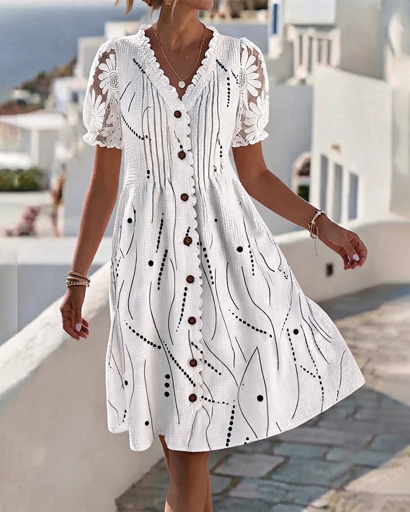 Bubble Sleeve Lace Patchwork Print Dress