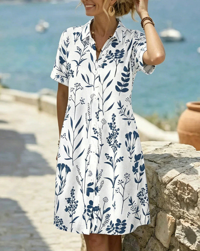 Botanical Print Knee-Length Shirt Dress