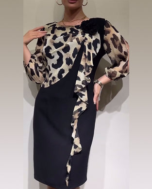 Leopard print splicing elegant dress
