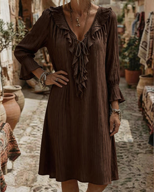 Ruffle Collar Tie Three Quarter Sleeve Dress