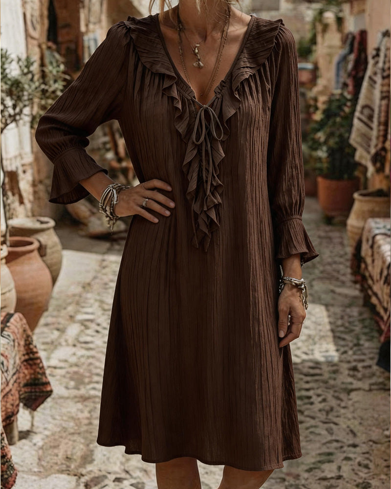Ruffle Collar Tie Three Quarter Sleeve Dress