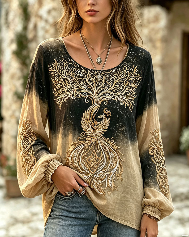 Round Neck Gradient Bubble Sleeve Top