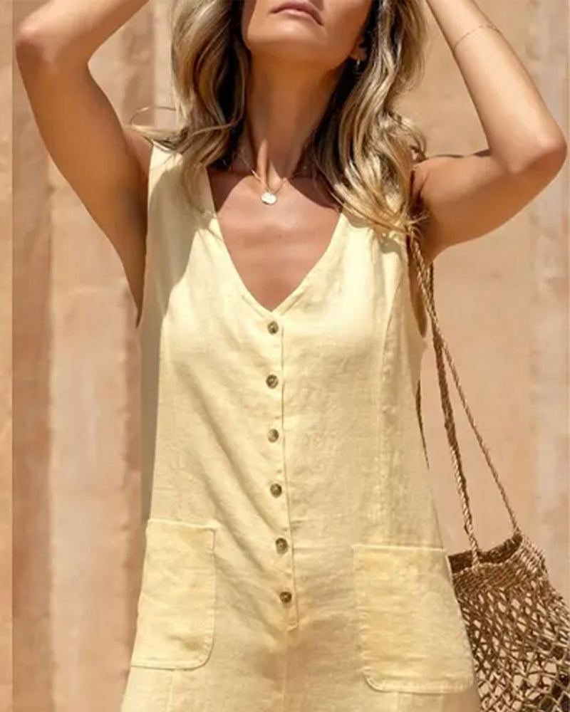 V-Neck Single-Breasted Sleeveless Jumpsuit