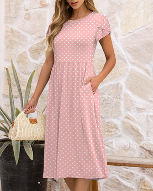 Polka Dot Round Neck Puff Sleeve Dress