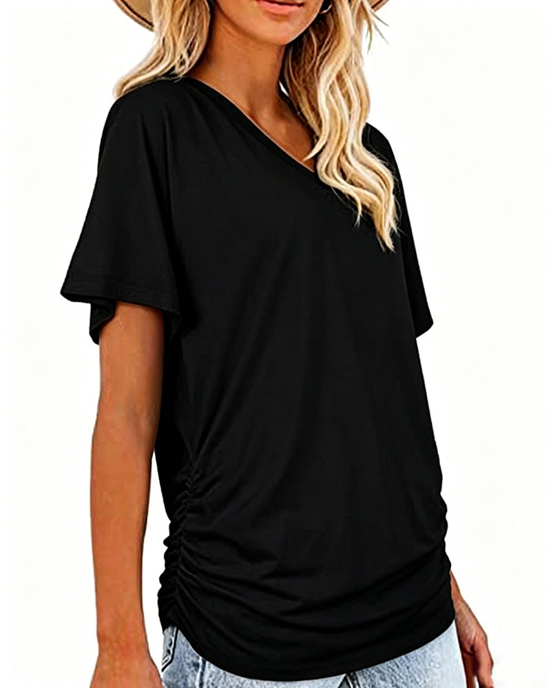 Pleated Solid Color V-Neck T-Shirt
