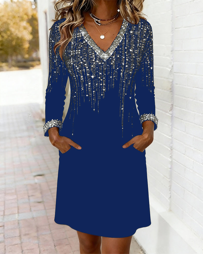 Shimmering V-Neck Long-Sleeved Dress