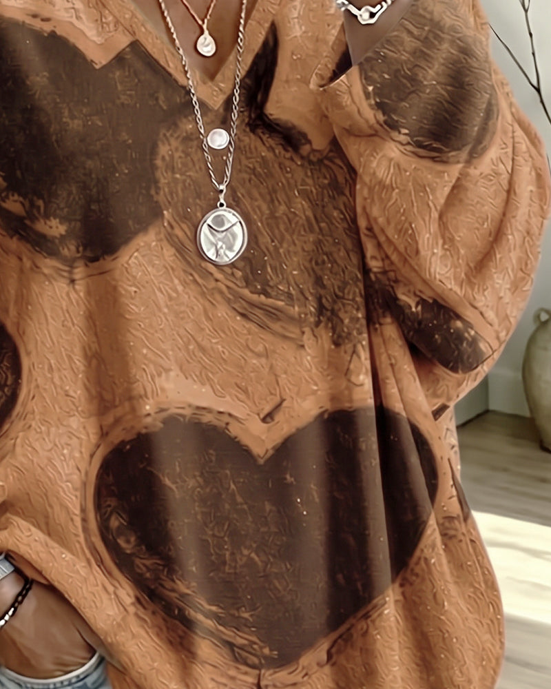 Heart Print V-Neck Loose Top