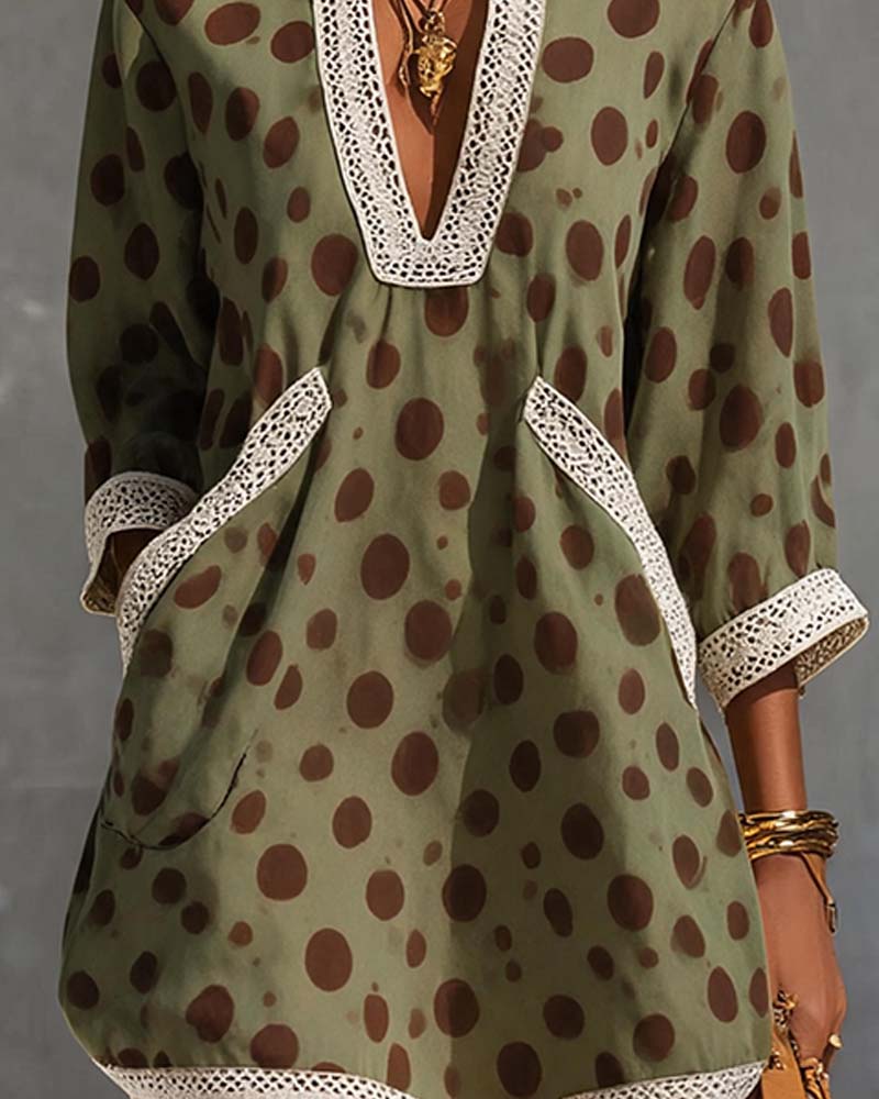V-Neck Polka Dot Pocket Dress