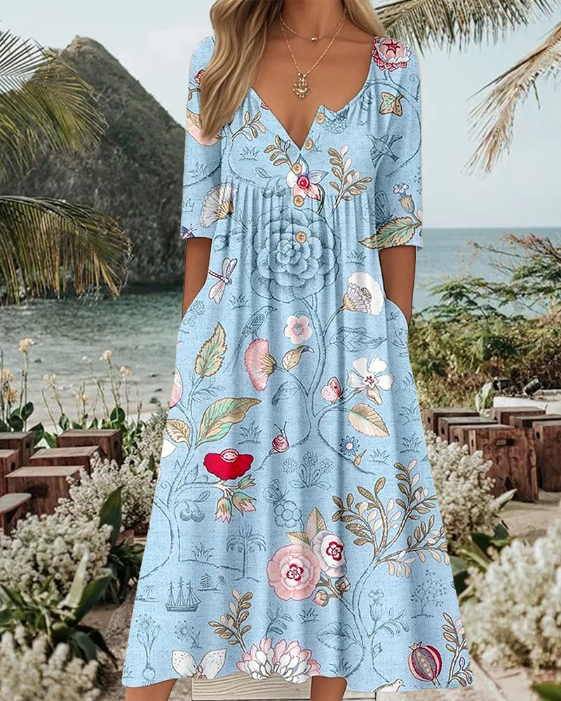 Half-Sleeve Printed Pleated A-Line Dress