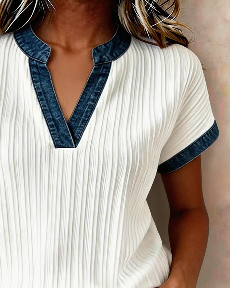 Ribbed Denim Spliced T-shirt