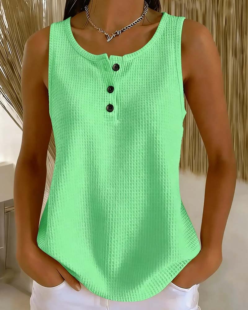 Crew Neck Sleeveless Waffle Button Tank Top