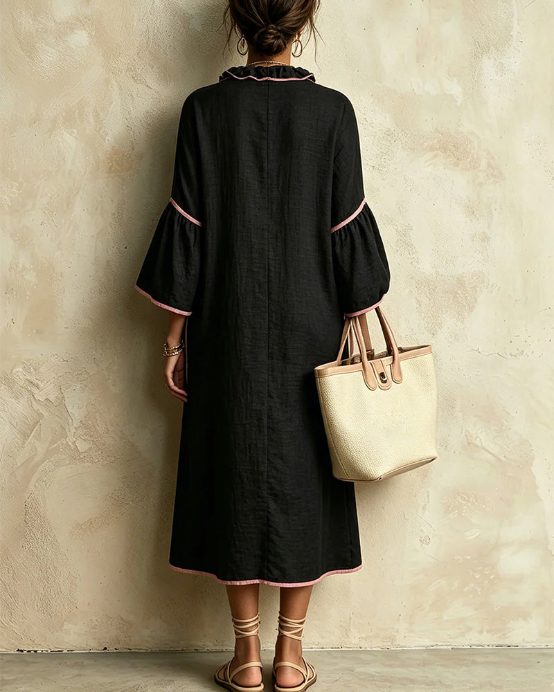 V-Neck Ruffle Color-Block Irregular Dress
