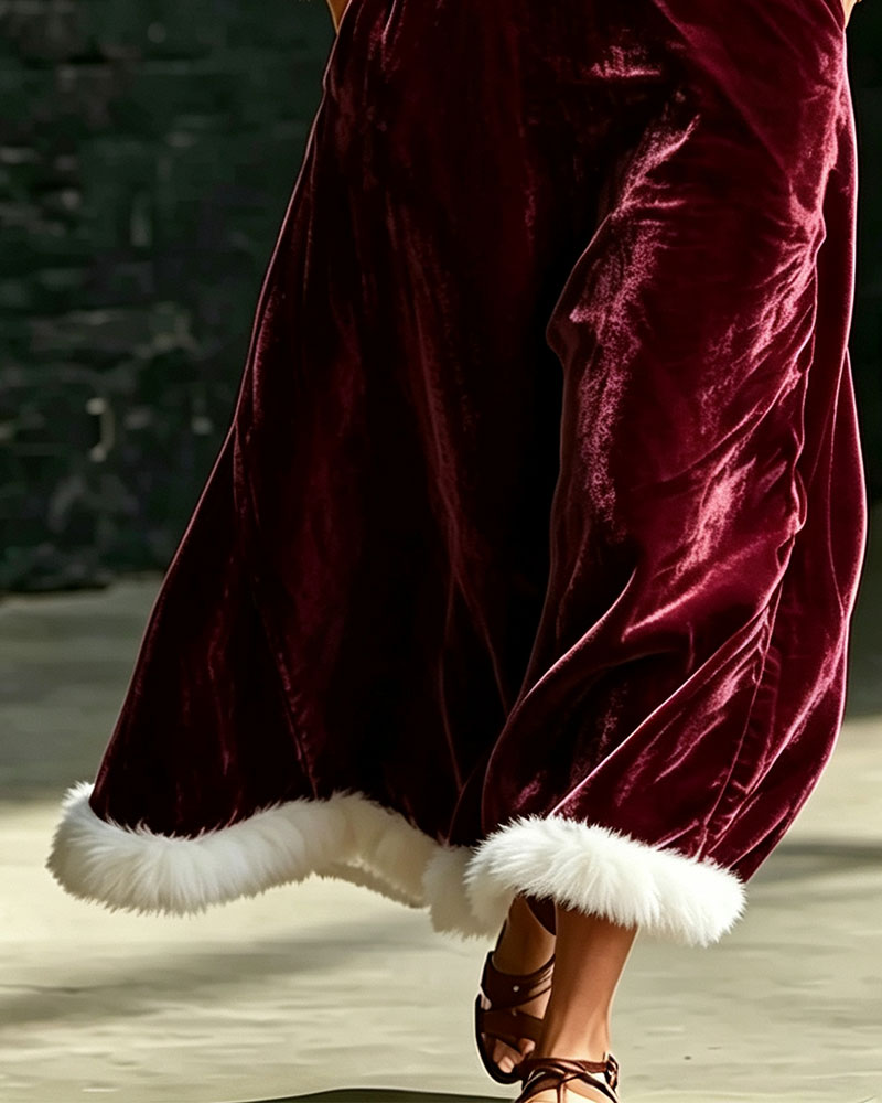 Velvet V-Neck Raw Edge Pocket Dress