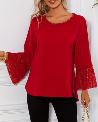 Lace Bell Sleeve Crew Neck Blouse