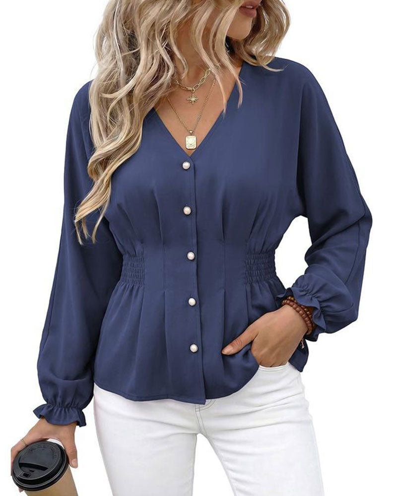 V-Neck Button Pleated Waist Ruffle Blouse