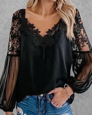 V-Neck Lace Patchwork Mesh Blouse