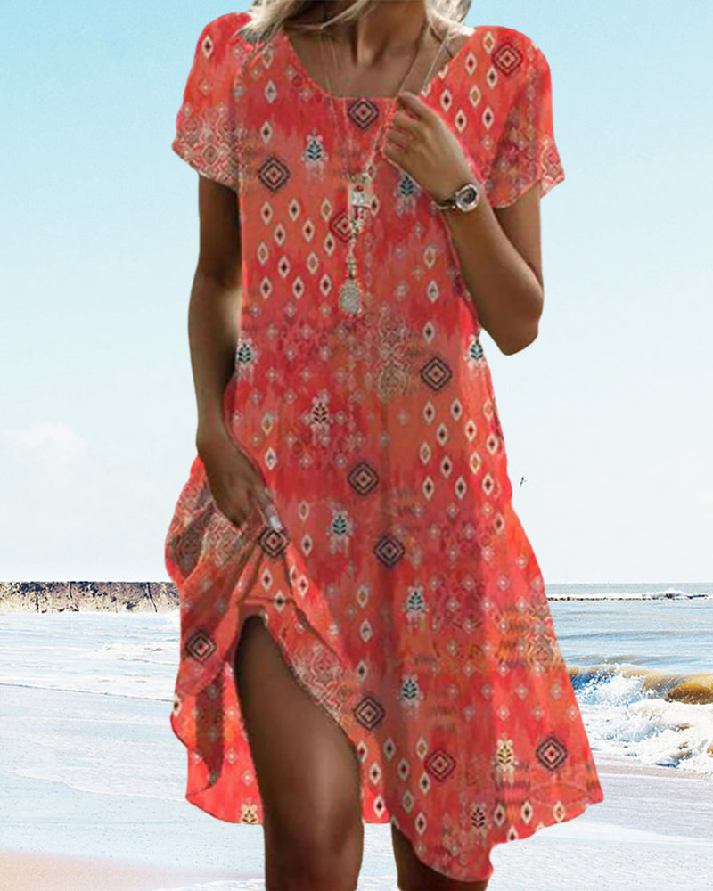 Printed crew neck short sleeve dress