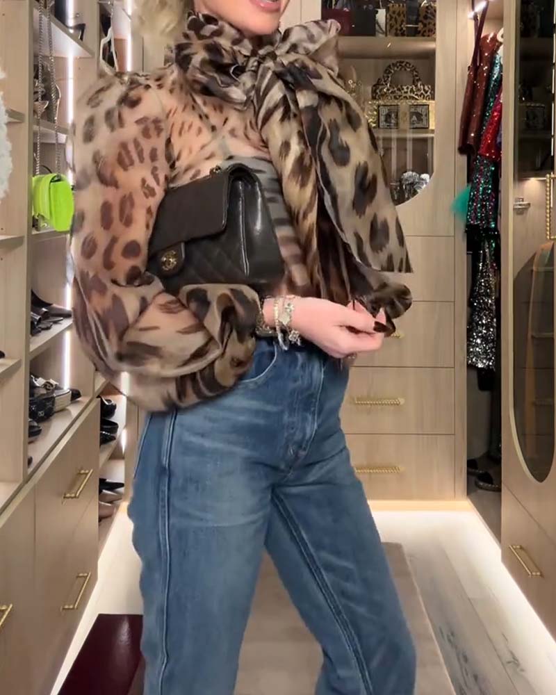 Leopard Print Fashion Ribbon Blouse
