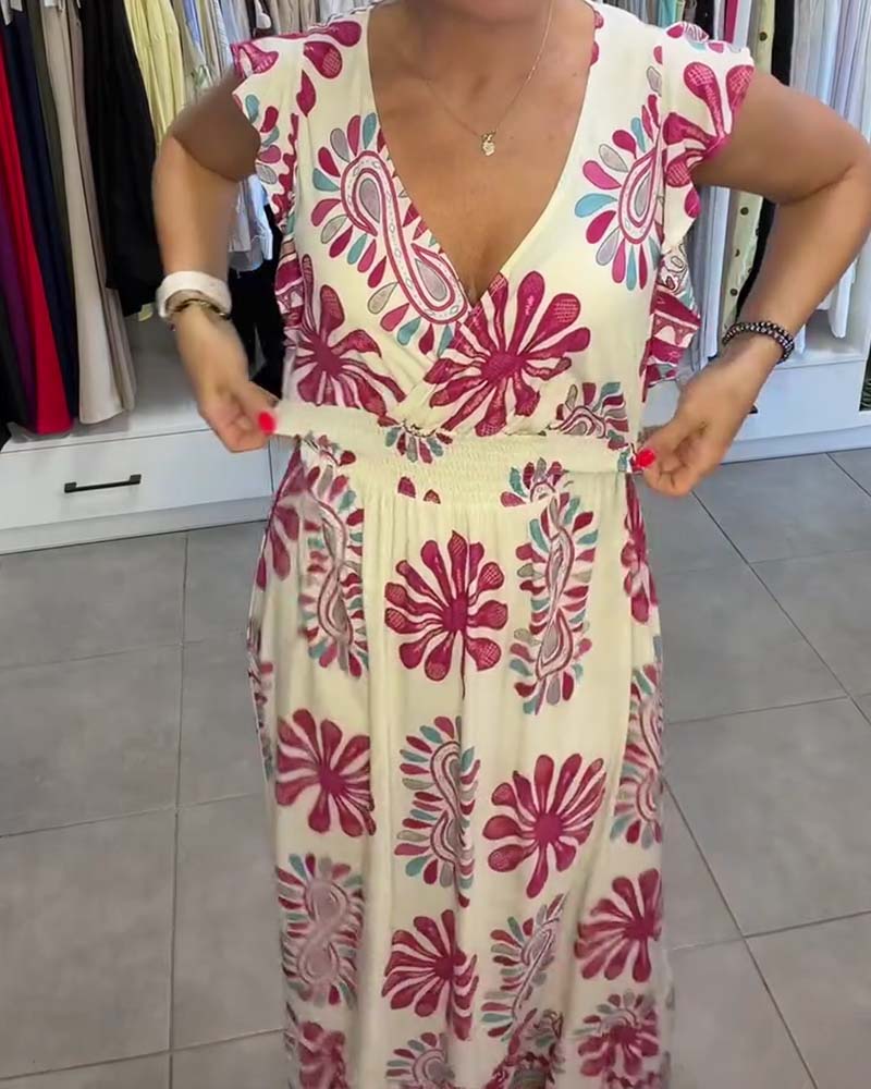 Floral Waist-Cinch Flutter-Sleeve Vacation Maxi Dress