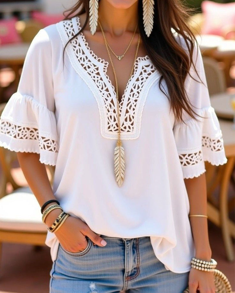 V-Neck Geometric Hollow Out Lace Blouse