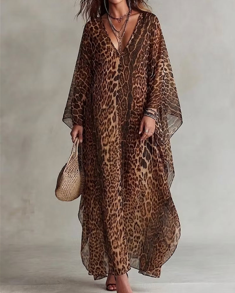 V-Neck Leopard Full-Skirt Dress
