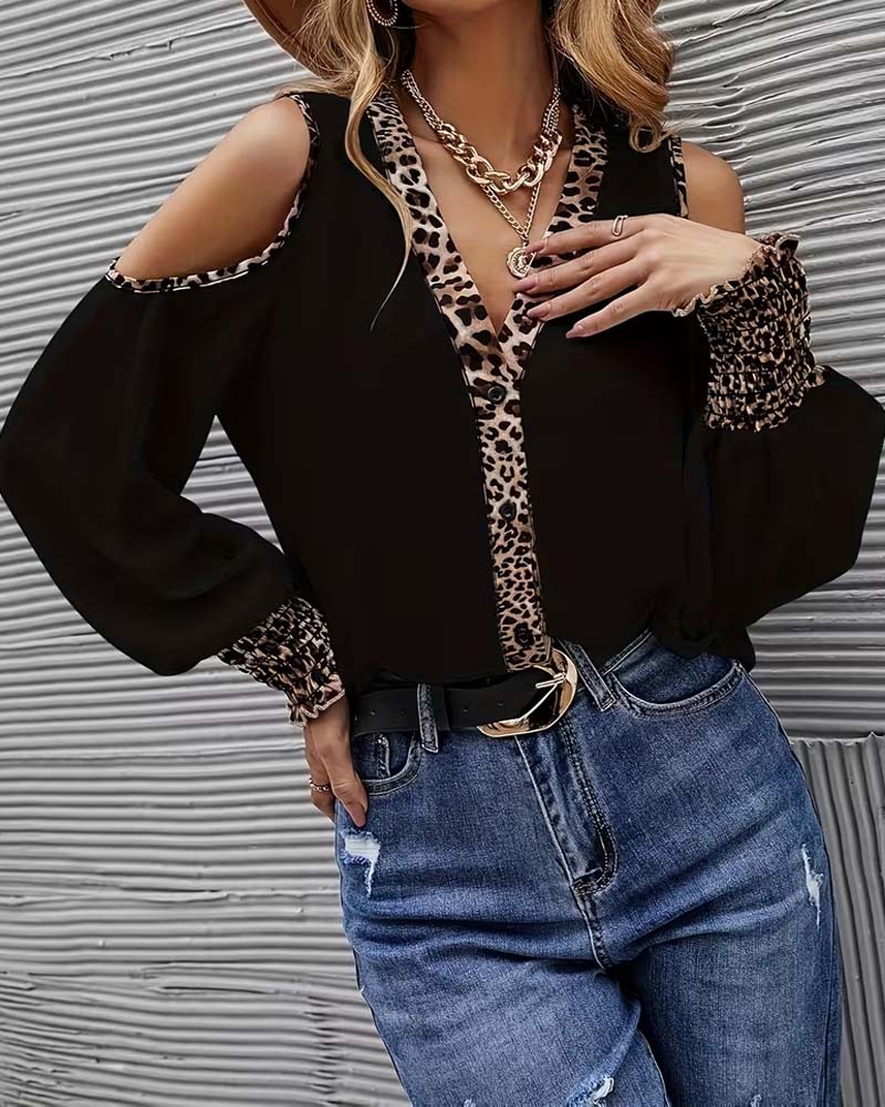 Off-Shoulder Leopard Patchwork Long Sleeve Blouse