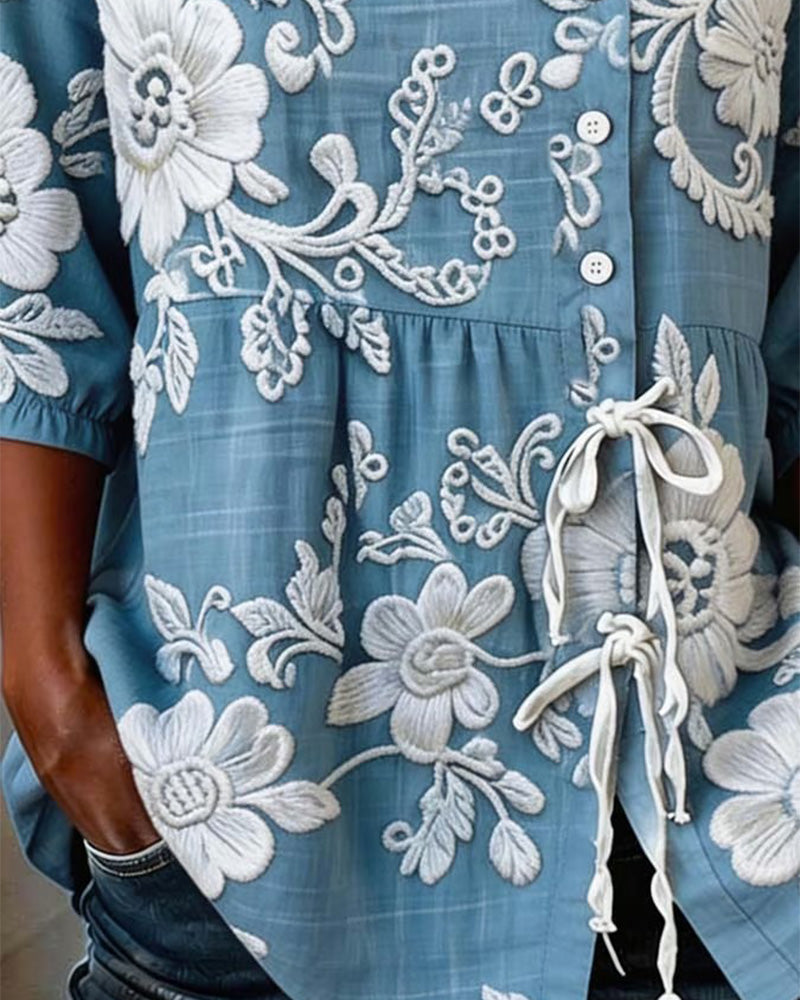 Floral Lace-Up Half-Placket Blouse