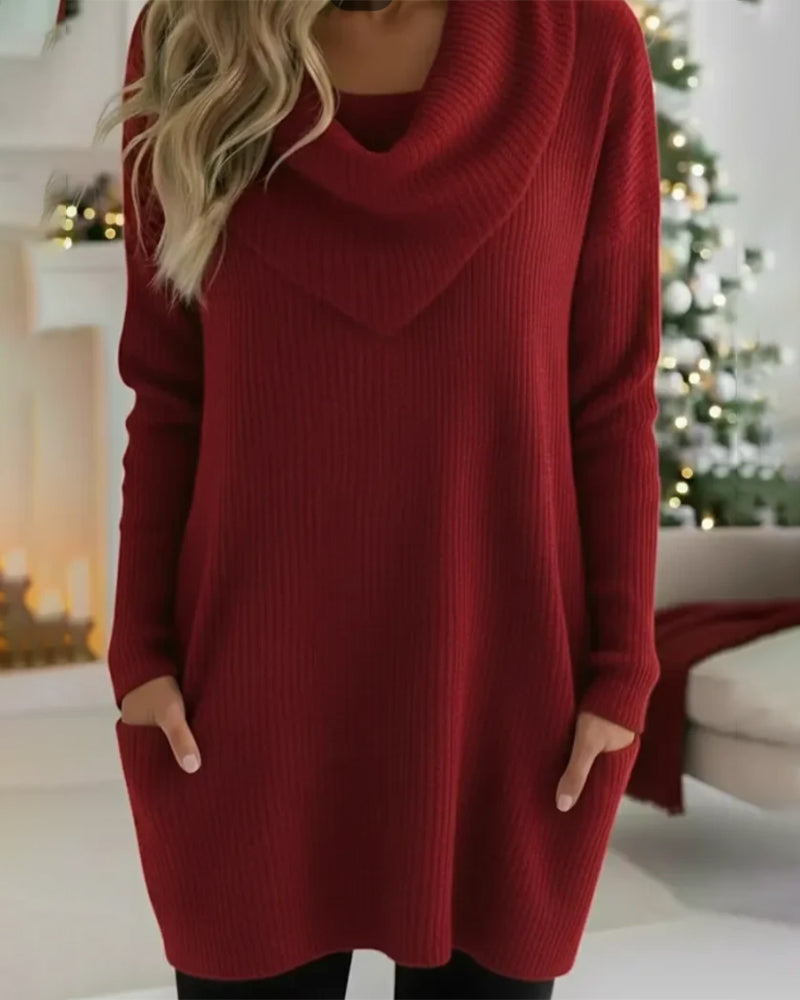Solid Color Turtleneck Pocket Sweater Dress