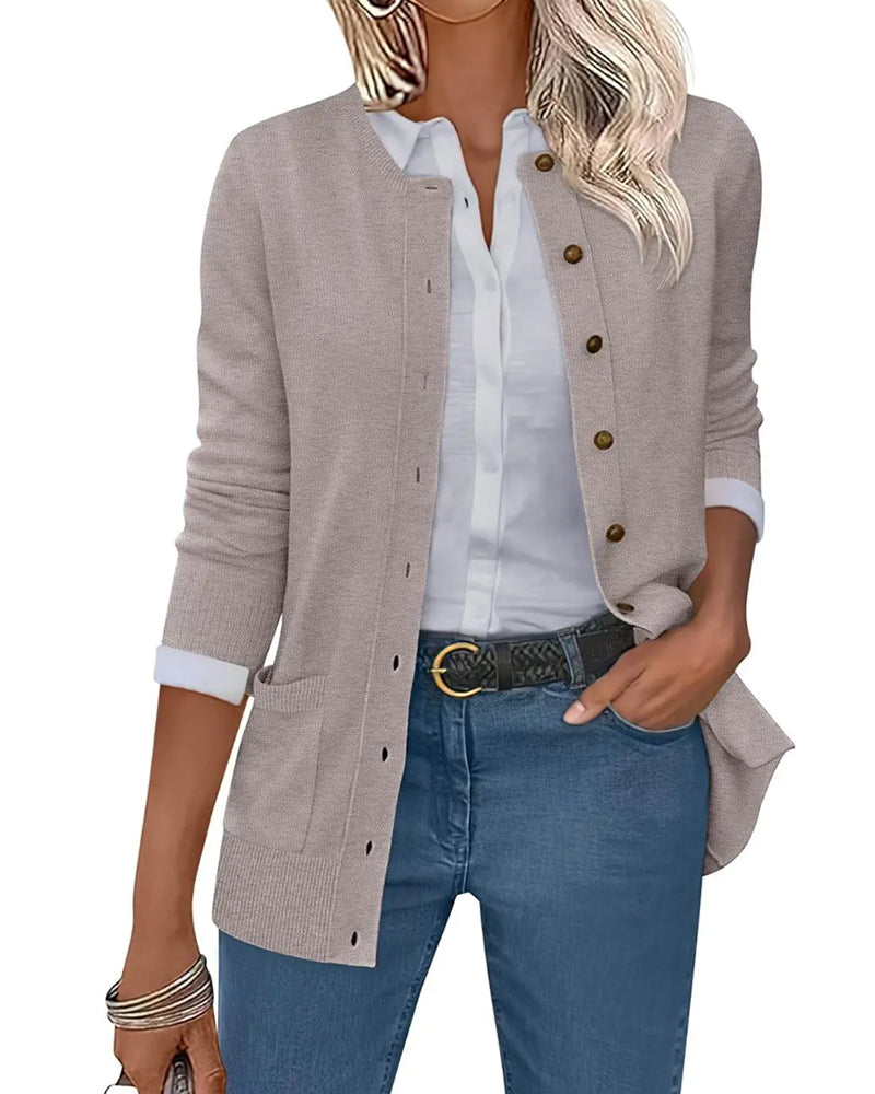 Crew Neck Button Long Sleeve Solid Cardigan