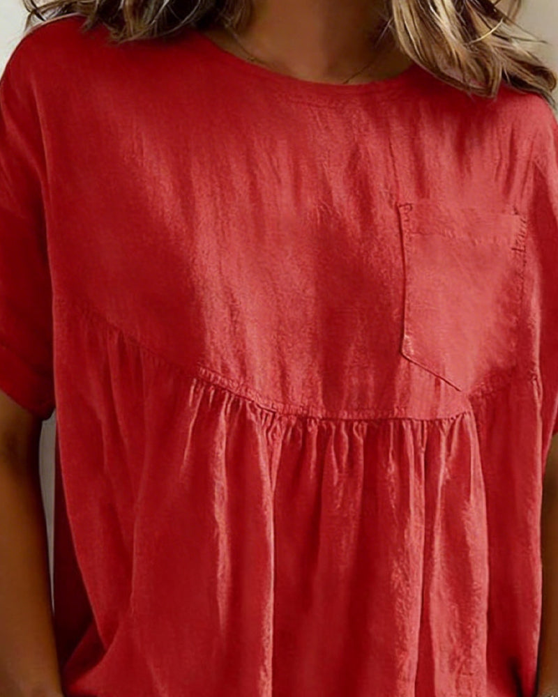 Drop Shoulder Solid Round Neck Short Sleeve Blouse