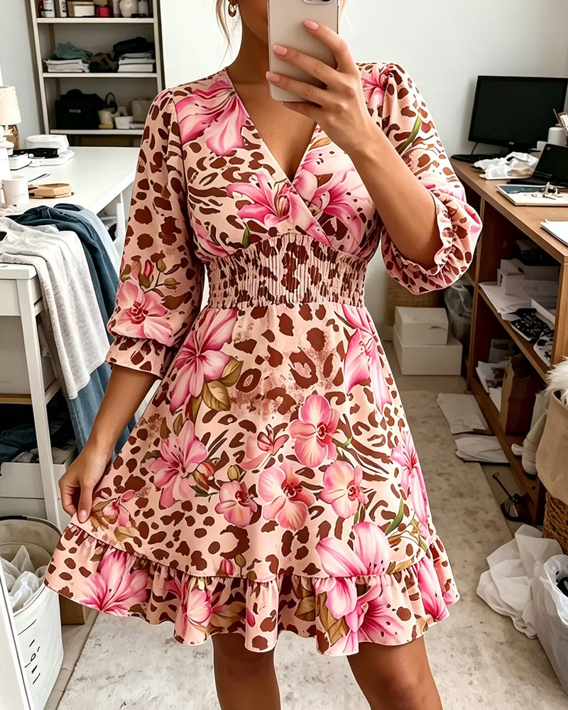 V-Neck Print Waist-Cinching Bubble Sleeve Dress