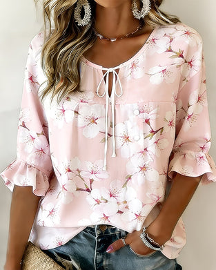 Cherry Blossom Print Tie Blouse