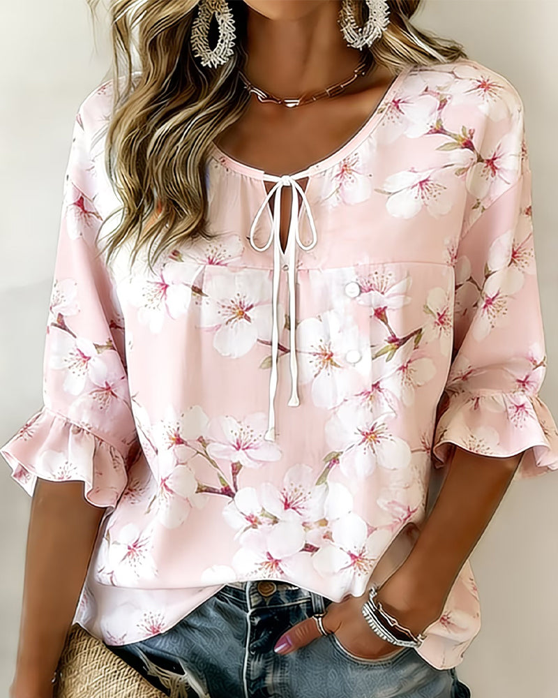 Cherry Blossom Print Tie Blouse